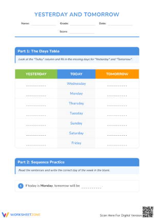 Essential Yesterday and Tomorrow Days of the Week Worksheet