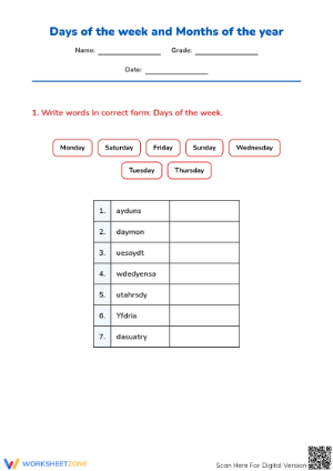 Days and Months Worksheet | Grade 1-3 Essential