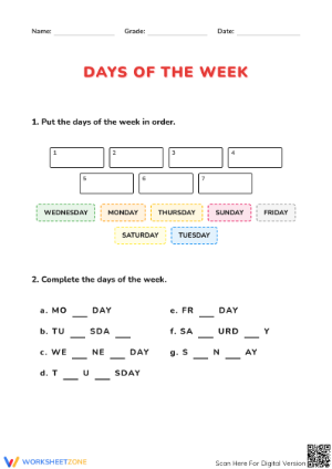 Grade 1 Days of the Week — Printable No-Prep Worksheet
