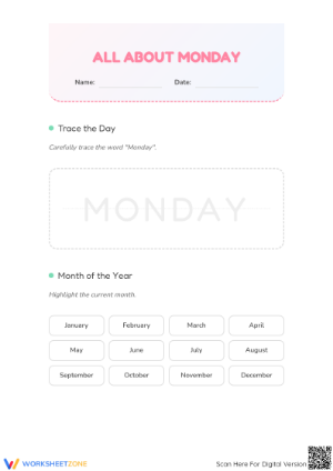 Printable Monday Calendar Skills Worksheet | Grade 1-3