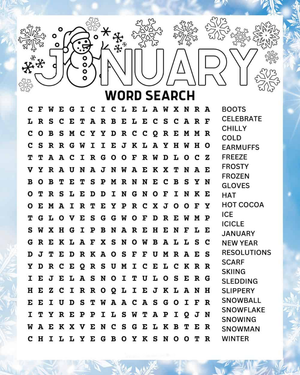 January Winter Word Search - Printable Puzzle for Kids & Adults