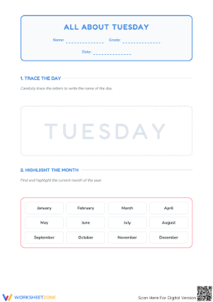 Tuesday Calendar Skills Worksheet | Grade 1-3 Essential