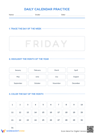 Daily Calendar Practice Worksheet | Grade 3 Printable