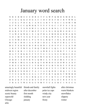January Winter Word Search Puzzle Activity