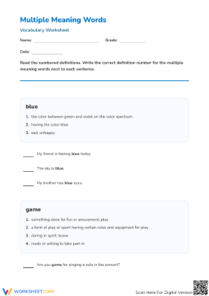 Printable Multiple Meaning Words Worksheet | Grade 5 ELA