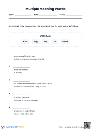 Multiple Meaning Words Worksheet | Essential Grade 5-12