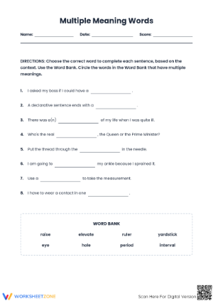Essential Multiple Meaning Words Worksheet | Grade 5 Ready