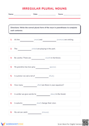 Grade 4 Irregular Plurals — Printable No-Prep Worksheet