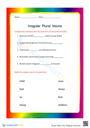Singular to Plural Noun Matching Worksheet