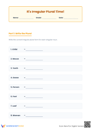 Printable Irregular Plural Nouns Worksheet | Grade 4-6
