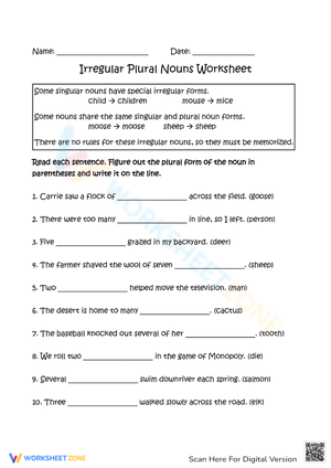 Irregular Plural Nouns Grammar Worksheet