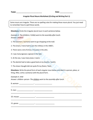 Irregular Plural Nouns Practice – Worksheet for Kids