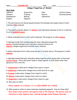 Unique Properties of Water Key