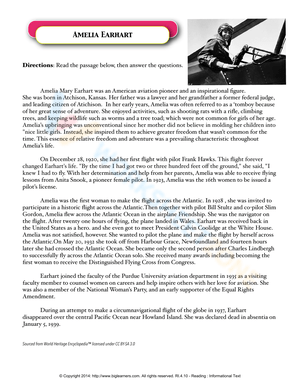 Learning About Amelia Earhart Worksheet