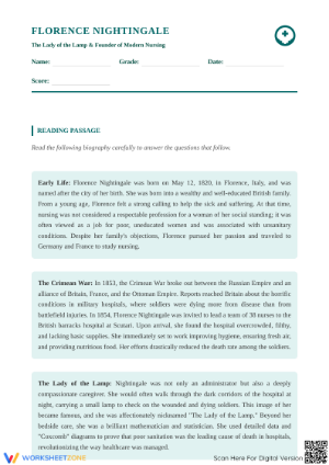 Florence Nightingale Grade 8 Essential Biography Worksheet