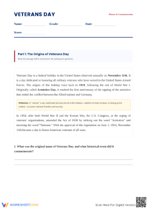 Printable Veterans Day Reading Comprehension | Grades 7-9