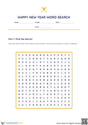 Grade 1-3 New Year Wordsearch — Printable No-Prep Worksheet