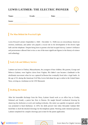 Essential Lewis Latimer Biography Worksheet | Grade 7 ELA