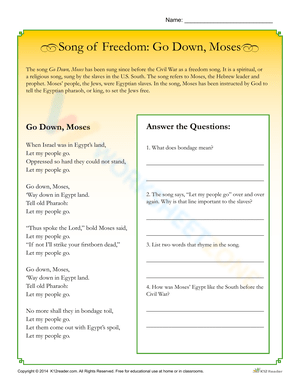 Song of Freedom: Go Down Moses Worksheet