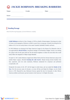 Jackie Robinson Biography Worksheet | Printable Grade 7 ELA