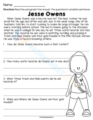 Jesse Owens Worksheet for Reading Comprehension