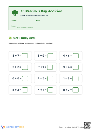 Printable St. Patrick's Day Addition for Grade 1 Math