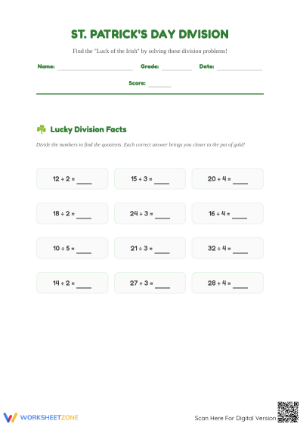 Printable St. Patrick's Day Division Worksheet | Grade 3
