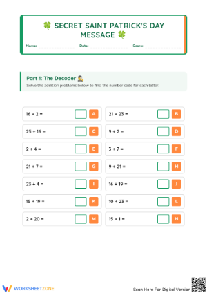 Printable St. Patrick's Day Math: Secret Message Addition