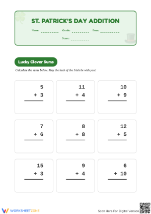 Printable St. Patrick's Day Addition Worksheet | Grades 1-3