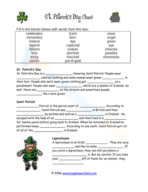 Saint Patrick's Day Cloze