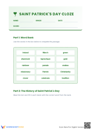 Printable St. Patrick's Day Cloze Worksheet | Grade 5 ELA