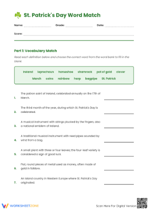 Grade 6 St. Patrick's Day Vocabulary — Printable Worksheet
