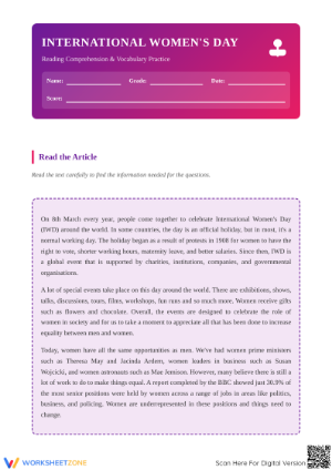 Printable Women's Day Reading Worksheet | Grade 3 ELA