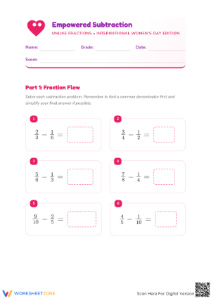 Printable Subtracting Unlike Fractions Worksheet | Grade 5