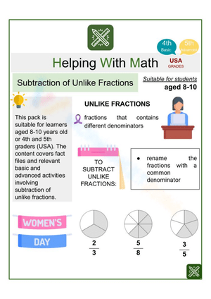 Subtraction of Unlike Fractions (Women’s Day Themed) Worksheets