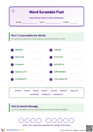 Printable International Women's Day Word Scramble Worksheet