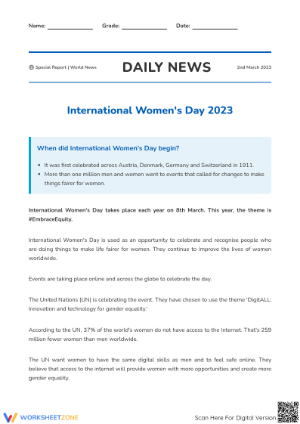 Printable Women's Day Reading Comprehension Grade 4