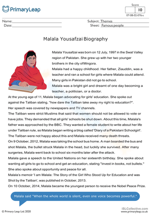 Women's Day: Malala Yousafzai Worksheet