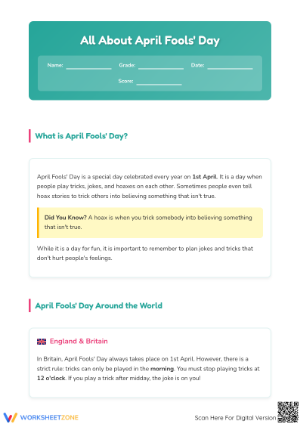 April Fools' Day Reading Worksheet | Grade 5 Essential