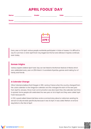 Grade 6 April Fools' Day — Printable No-Prep Worksheet