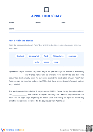 Grade 6 April Fools Reading — Printable No-Prep Worksheet
