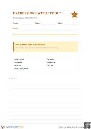 Essential Idioms with 'Fool' Worksheet | Grade 9-12
