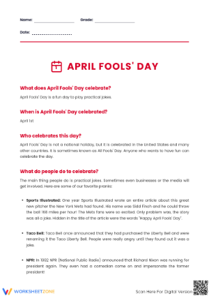 Printable April Fools' Reading Comprehension | Grade 5