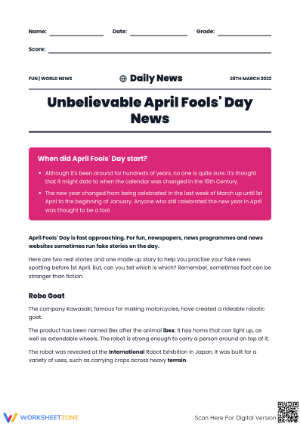 April Fools' Day News Worksheet | Essential ELA Practice