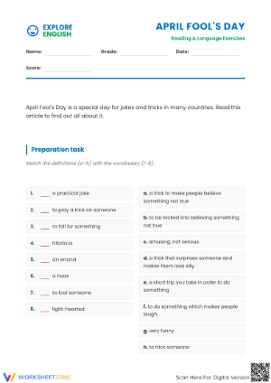 April Fool's Day Reading Worksheet | Essential Grade 7 ELA