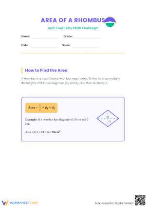 Area of a Rhombus Printable Worksheet | Grade 6 Math