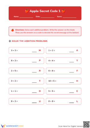 Printable Apple Secret Code Addition Worksheet | Grade 1
