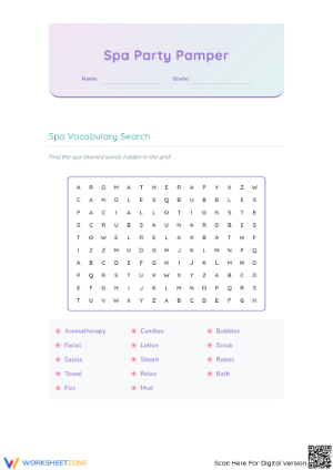 Essential Spa Party Vocabulary Worksheet | Grade 4 Ready