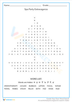 Spa-Themed Word Search Puzzle