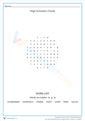 High School Foods Vocabulary Worksheet